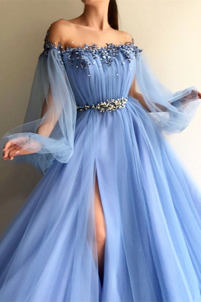 Long Sleeve Tulle Prom Dresses with High Split Beaded Crystal Fashion Evening Dresses