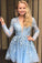 Blue Long Sleeve V Neck Lace Appliques Beads Homecoming Dresses Sweet 16 Dresses H1248