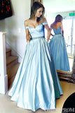 Blue Prom Dresses Off Shoulder Satin V Neck Party Dresses