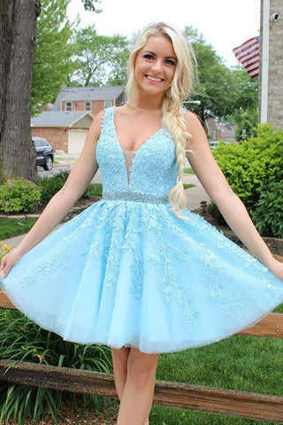Short V Neck Beaded Ivory Tulle Prom Dresses Homecoming Dresses Lace Embroidery JS754