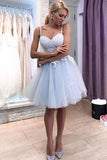 Blue Tulle Lace Sweetheart Short Prom Dress Above Knee Spaghetti Straps Homecoming Dress P1077
