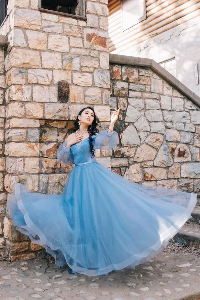 Blue Tulle Long Sleeve Sweetheart Prom Dresses Off the Shoulder Party Dresses JS470