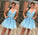 Blue Tulle V Neck Above Knee Beads Lace Appliques Short Homecoming Dresses JS763