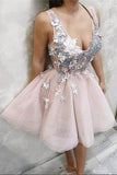 Blush Pink Deep V Neck Appliques Short Prom Dresses Above Knee Homecoming Dress JS954