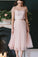 Blush Pink Two Piece Tea Length Tulle Bridesmaid Dresses with Pearls Homecoming Dresses H1123