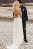 Spaghetti Straps Long Ivory Lace Chiffon Simple Elegant Beach Wedding Dresses