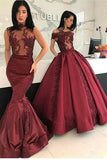 Burgundy Long Affordable Appliques Mermaid Lace Appliques Prom Dresses JS300