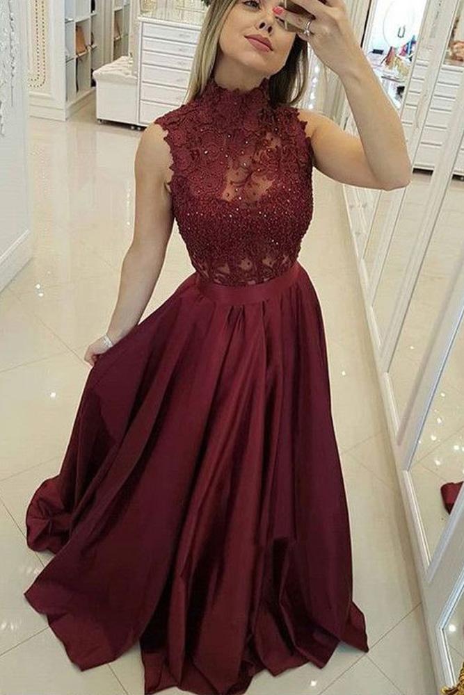 Burgundy High Neck Lace Prom Dresses Beads Satin Long Cheap Party Dresses JS573