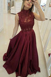 Burgundy High Neck Lace Prom Dresses Beads Satin Long Cheap Party Dresses JS573
