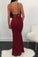 Burgundy Mermaid V Neck Satin Prom Dresses Sequin Spaghetti Straps Formal Dress JS356