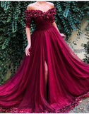 Burgundy Off the Shoulder Maroon Long Prom Dresses Short Sleeves Slit Formal Dress JS468