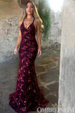 Burgundy Party Dresses V Neck Backless Mermaid Prom Dresses with Sequins
