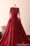 Jolilis Modest Elegant Burgundy Scoop Neck Long Sleeves Ball Gown Prom Dresses With Appliques