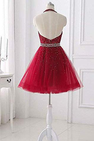 Burgundy Short Lace Beaded Halter Backless Evening Prom Dresses Homecoming Dresses H1173
