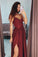 Burgundy Spaghetti Straps Sweetheart Satin Prom Dresses with Slit Beads JS591