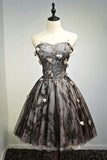 A Line Black Sweetheart Strapless with Flowers Tulle Short School Dress Homecoming Dress JS886