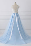 A-Line V-Neck Lace Top Sky Blue Skirt Cheap Sweetheart Tulle Satin Prom Dresses with Sash JS156