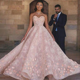 Princess Sexy A-Line Sweetheart Strapless Pink Beaded Lace Prom Dress with Appliques JS801