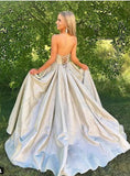Princess A Line Strapless Sweetheart Lace up Satin Sleeveless Long Prom Dresses JS901