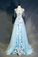 Cap Sleeve Blue Long Tulle Prom Dresses with Flowers Beads Zipper Evening Dresses P1079