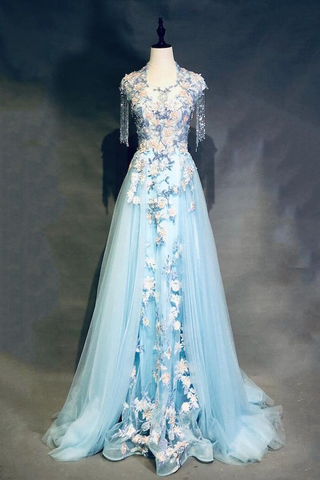 Cap Sleeve Blue Long Tulle Prom Dresses with Flowers Beads Zipper Evening Dresses P1079