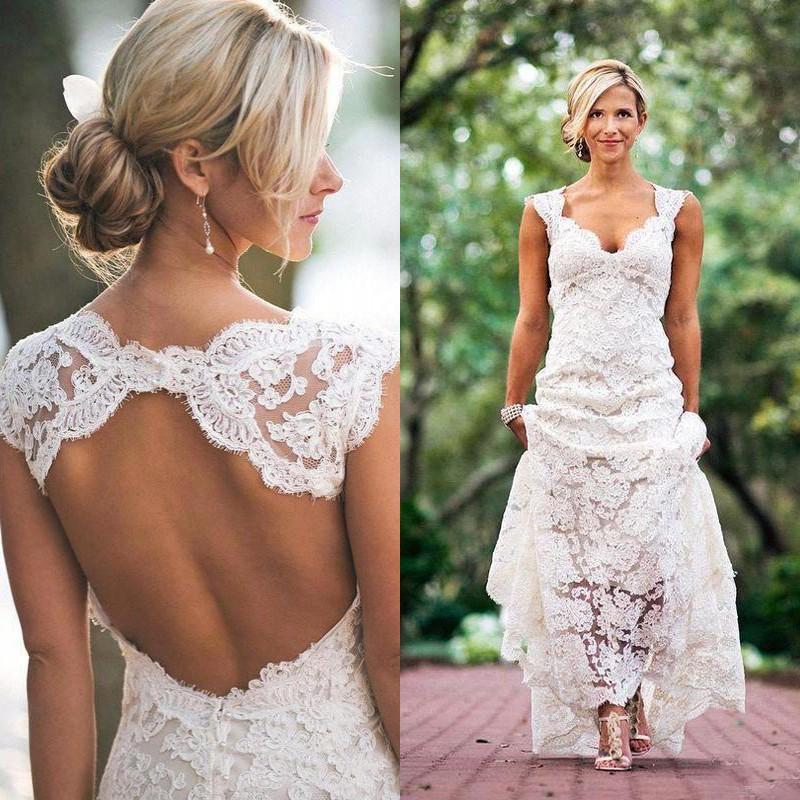 Long A-Line Open Back Sleeveless Lace Backless Wedding Dresses
