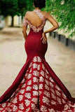 Charming Burgundy Prom Dresses Mermaid Long Lace Appliqued Sleeveless Formal Dress JS340