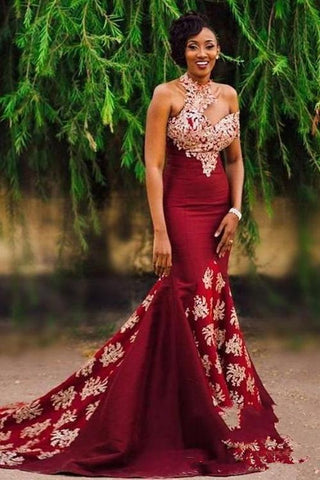 Charming Burgundy Prom Dresses Mermaid Long Lace Appliqued Sleeveless Formal Dress JS340