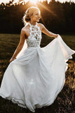 Cheap Charming Lace White Halter Wedding Dresses Chiffon Beach Bridal Dresses