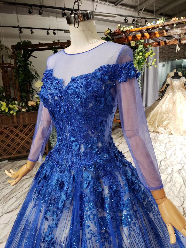 Charming Long Sleeve Round Neck Tulle Blue Beads Ball Gown Prom Dresses with Lace up P1089