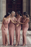 Charming Sheath V Neck Prom Dresses Slit Pink Long Bridesmaid Dresses