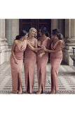 Charming Sheath V Neck Prom Dresses Slit Pink Long Bridesmaid Dresses JS515