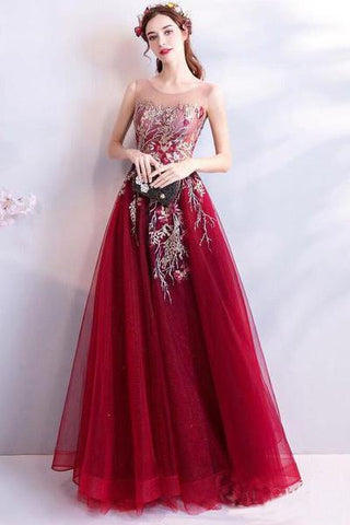Cheap Burgundy Long Prom Dresses Lace Applique Military Ball Gown Formal Dress JS424