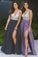 Cheap Chiffon Long Prom Dresses Side Slit V Neck Beaded Prom Dresses JS428