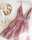 Cheap Light Purple Lace Appliqued Spaghetti Straps Deep V Neck Homecoming Dresses H1237