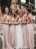 Cheap Long Chiffon Blush Pink Bridesmaid Dresses Convertible Open Back Maxi Dress BD1004