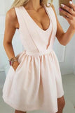 Cheap V Neck Satin Short Prom Dress with Pocket Open Back Homecoming Dresses H1086
