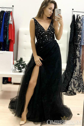 Chic Black V Neck Tulle Long Prom Dresses with Beading