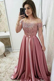 Chic Burgundy Off the Shoulder Floor Length Satin Lace Prom Dresses with Beads JS629