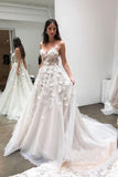 Chic Spaghetti Strap V Neck Tulle Beach Wedding Dresses 3D Appliqued Bridal Dresses W1095