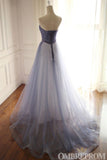 Chic V Neck Long Strapless Low Back A Line Tulle Prom Dresses