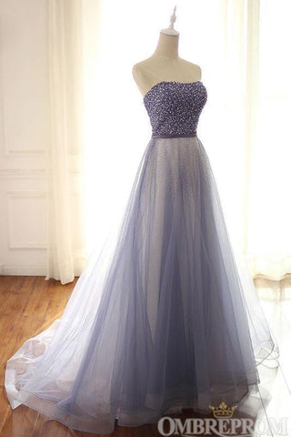 Chic V Neck Long Strapless Low Back A Line Tulle Prom Dresses