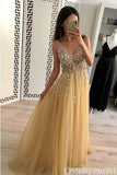 Chic V Neck Sleeveless Tulle A Line Prom Dresses with Beading