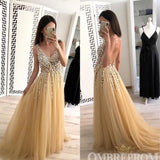 Chic V Neck Sleeveless Tulle A Line Prom Dresses with Beading