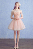 Cute A Line Half Sleeve Pink Round Neck Tulle Homecoming Dresses with Lace Prom Dress JS823
