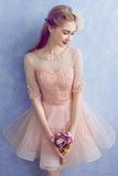 Cute A Line Half Sleeve Pink Round Neck Tulle Homecoming Dresses with Lace Prom Dress JS823