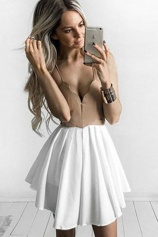 Cute A Line Spaghetti Straps V Neck Short Above Knee Homecoming Dress with Pleats H1033