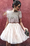 Cute A Line Two Pieces High Neck Above Knee Short Sleeve Beads Homecoming Dresses H1022