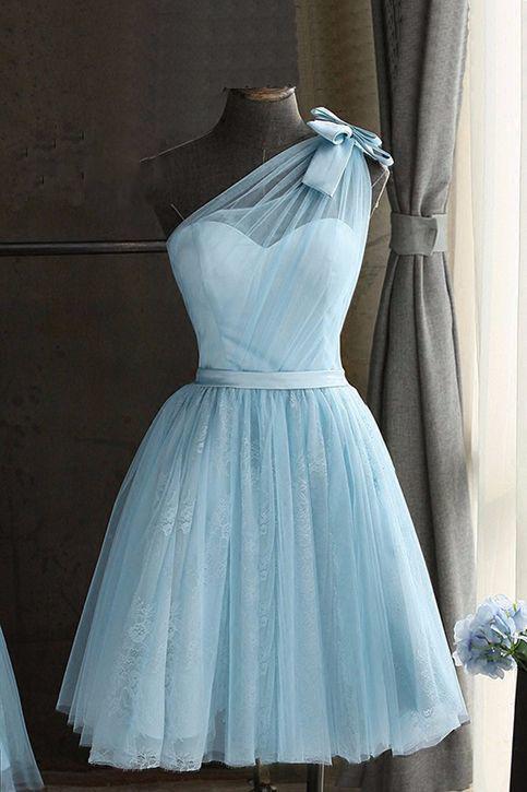 Cute Baby Blue Tulle One Shoulder Short Prom Dress Bowknot Knee Length Party Dresses H1084