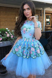Cute Blue Floral Prints Tulle Short Sleeves A Line Homecoming Graduation Dresses JS862